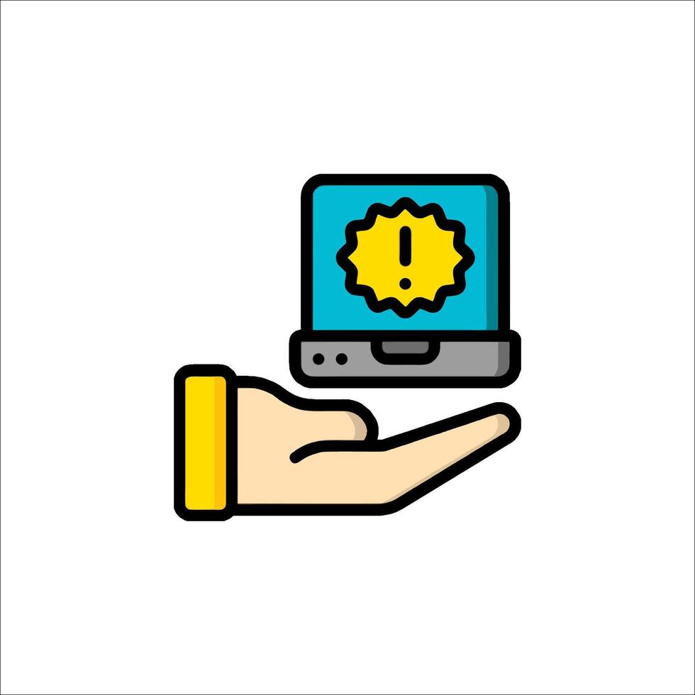 A hand holding a computer with a yellow exclamation mark vector