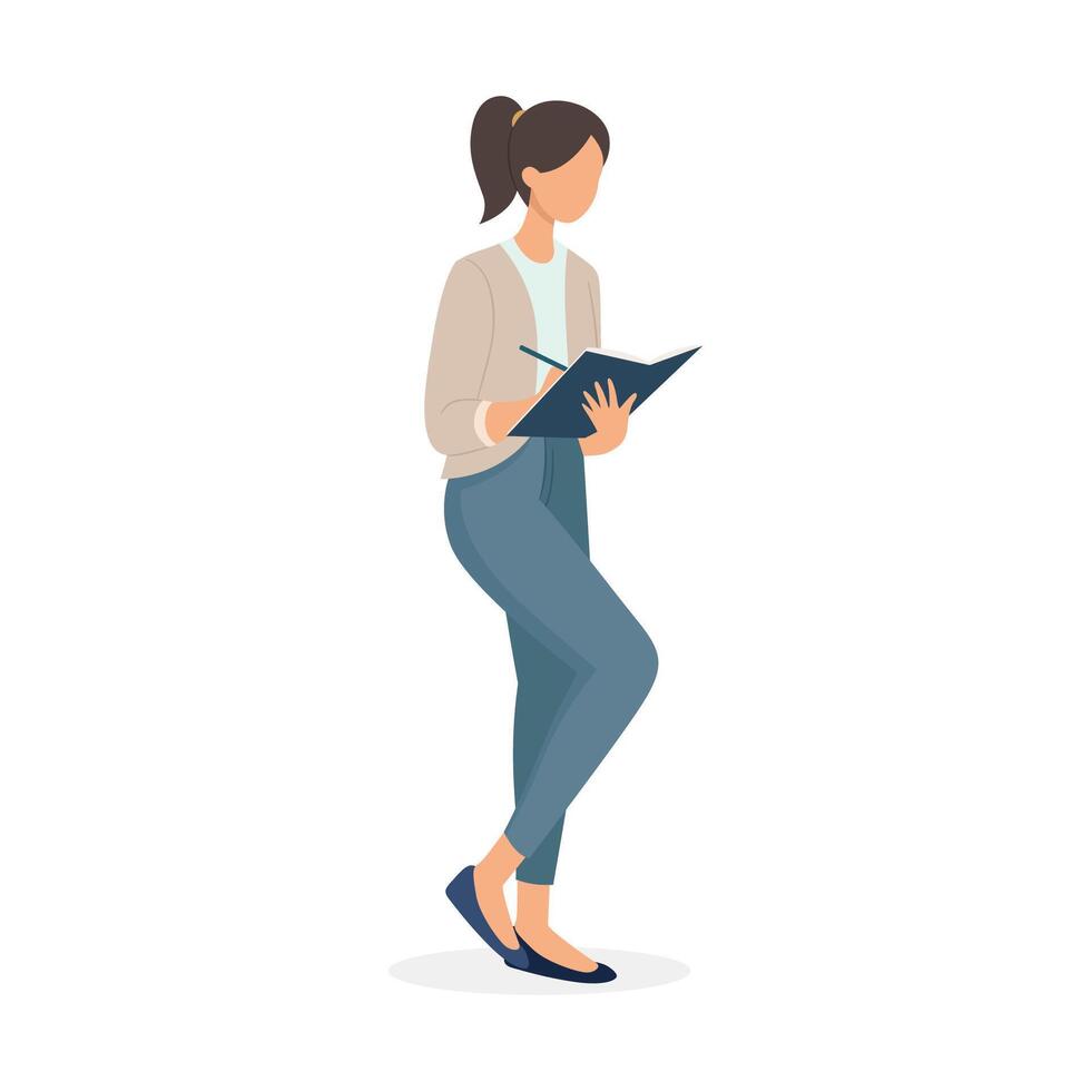 Woman taking notes flat illustration. Secretary writing down tasks in notebook vector