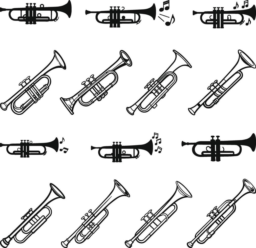 Trumpet Icons Set, Brass instruments icon set silhouette sign symbl illustration vector