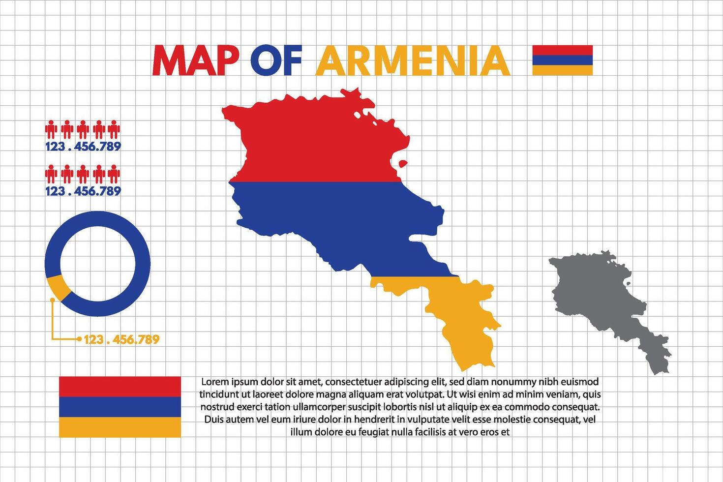 Infographic Map of Armenia Country include of flag people icon statistic and pie chart design flat style isolated ready to use free editable. vector