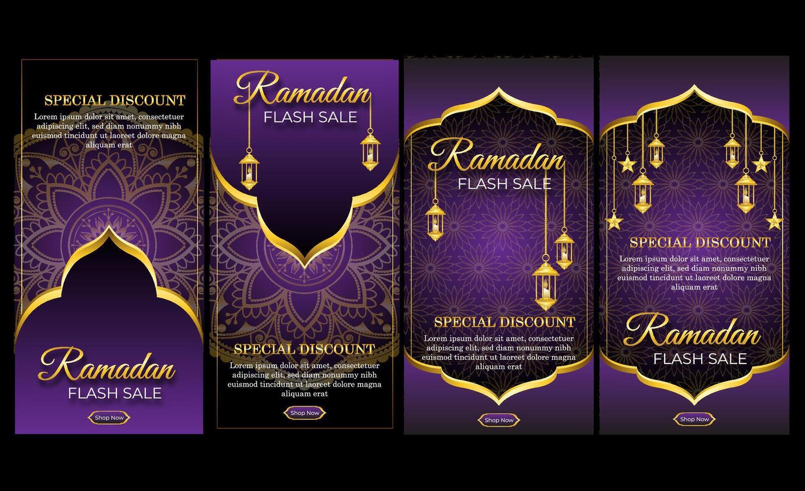 set of luxury gold ramadan flash sale banner purple background vector