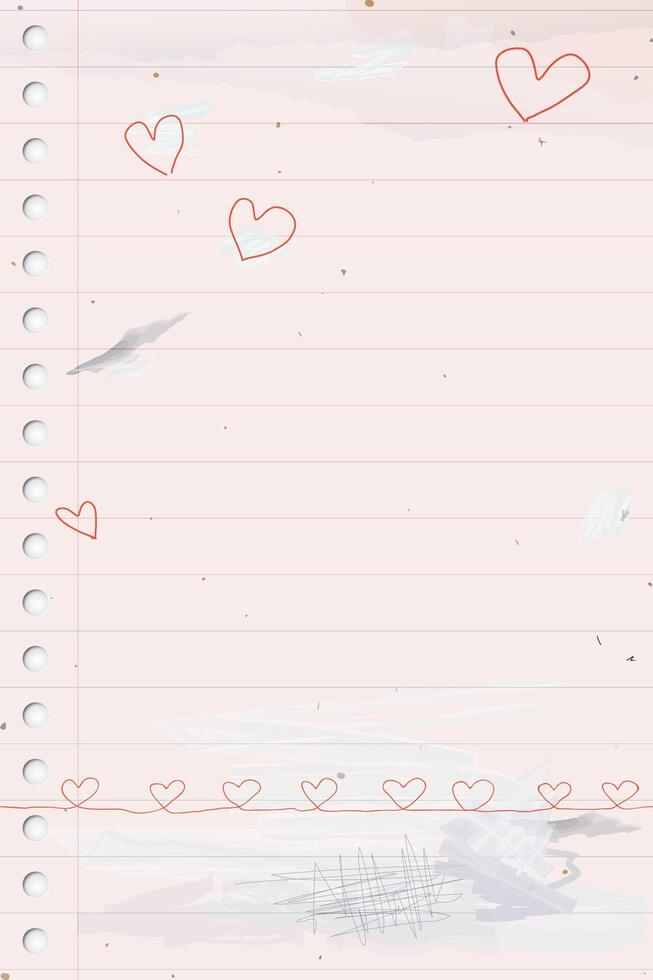 Used old notebook paper vertical background with heart shape doodle line and stained effect graphic illustration have blank space. Valentine's day greeting card childish style. vector