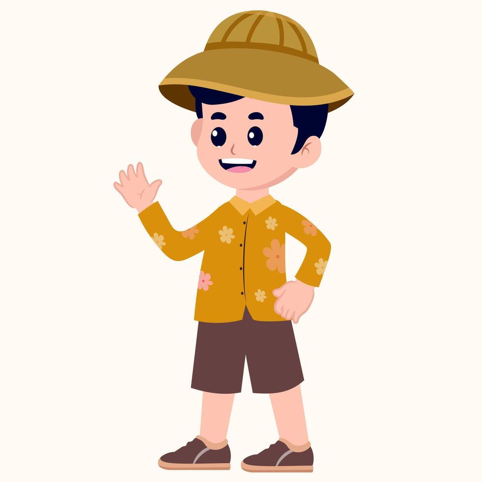Cheerful Boy in Floral Shirt and Kids coloring page, drawing, art, first word, flash card. Color cartoon character clipart. vector