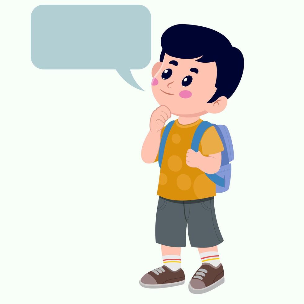 Cartoon Illustration of Thinking Boy with Backpack Kids coloring page, drawing, art, first word, flash card. Color cartoon character clipart. vector