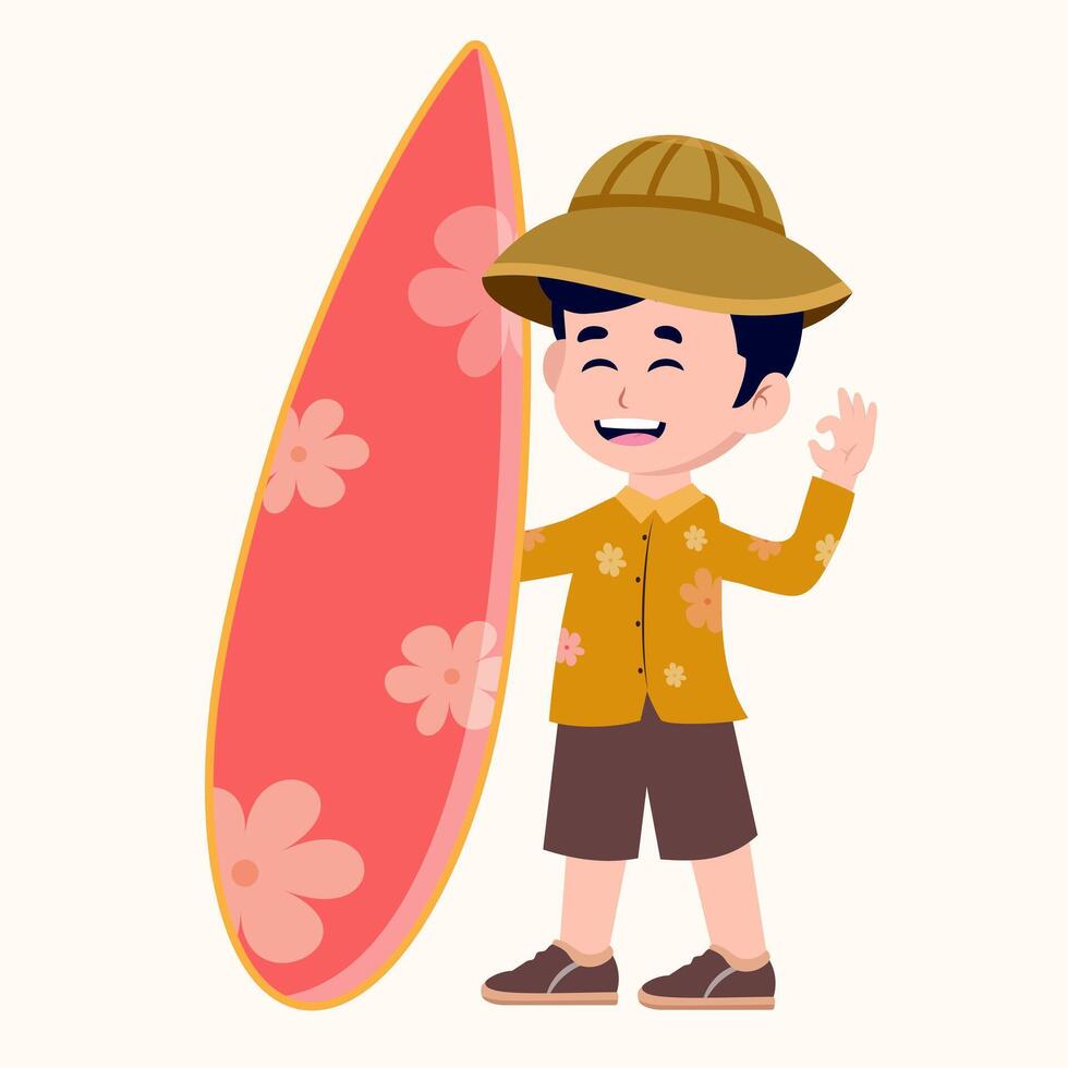 Cartoon Boy with Surfboard in Tropical Outfit Kids coloring page, drawing, art, first word, flash card. Color cartoon character clipart. vector