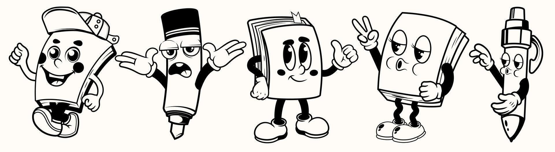 Set of Black and white stationery Book, Marker, and Pen mascot in many styles pose outline vector