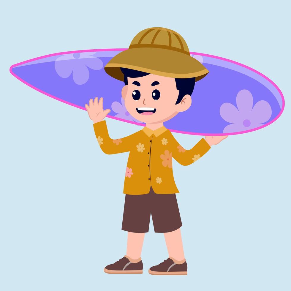 Cartoon Boy Holding Surfboard at the Beach Kids coloring page, drawing, art, first word, flash card. Color cartoon character clipart. vector