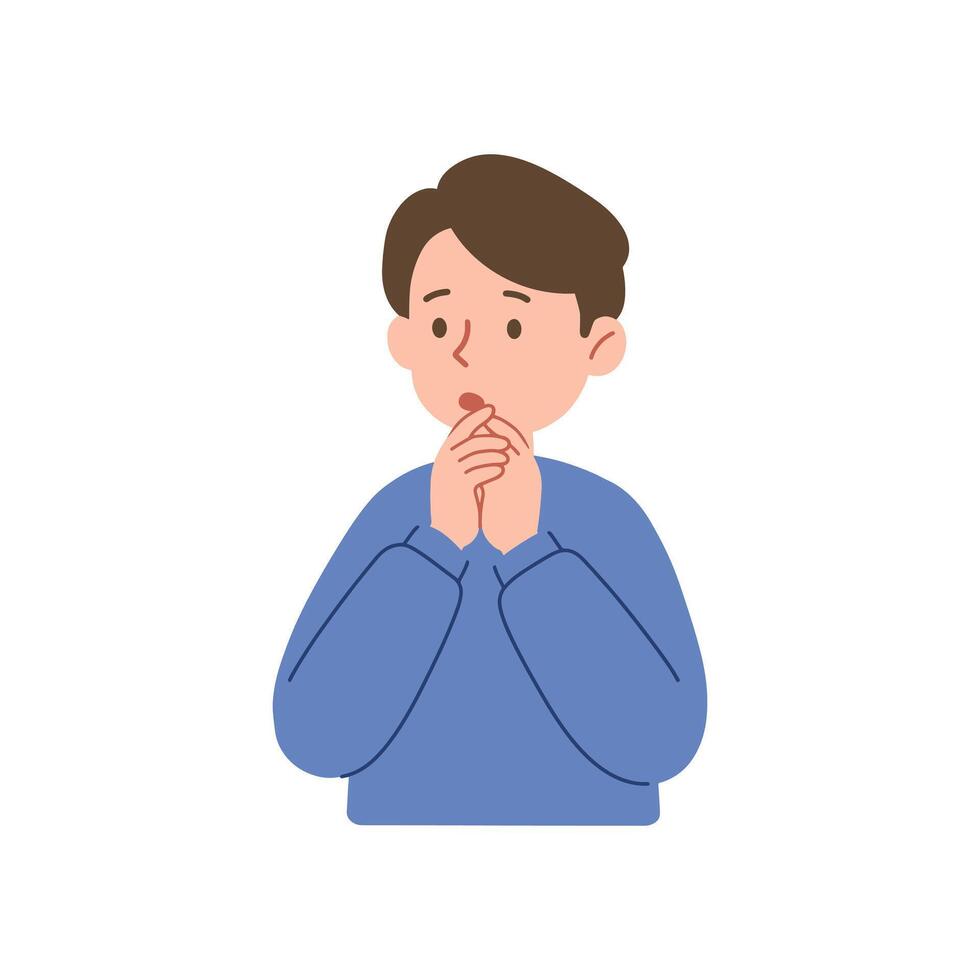 A man with a cold is holding his hands to his face vector