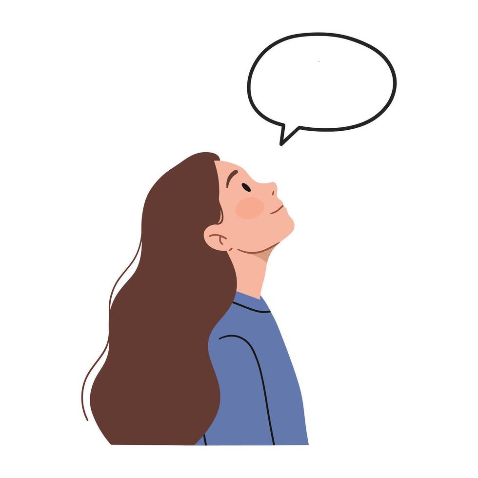 A woman with long hair looking up with a speech bubble vector