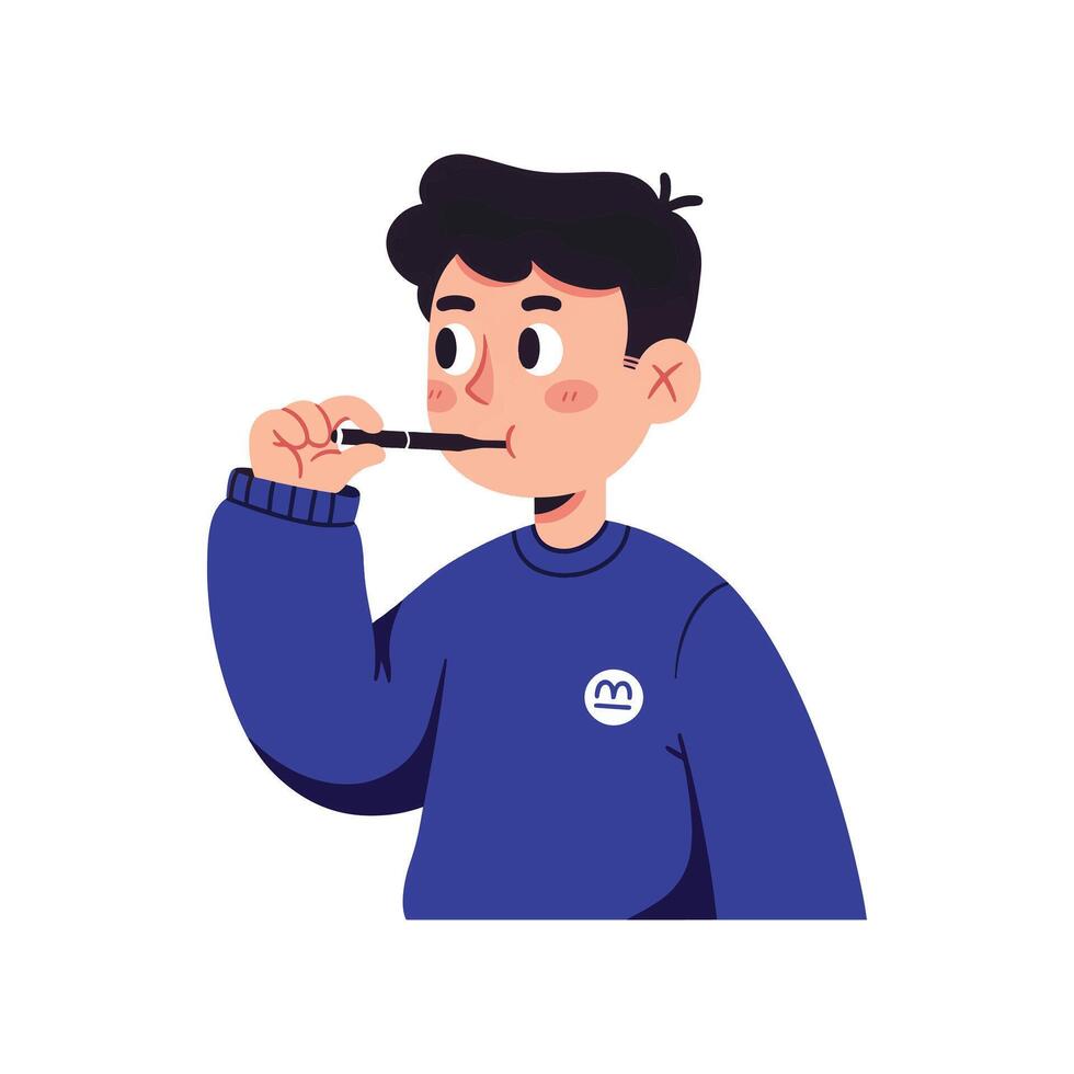 A man in a blue sweater is brushing his teeth vector