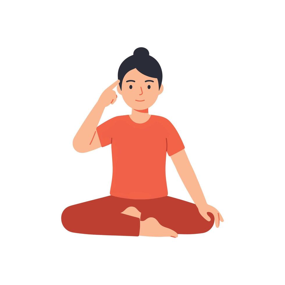 A woman sitting in the lotus position with her hands on her head vector