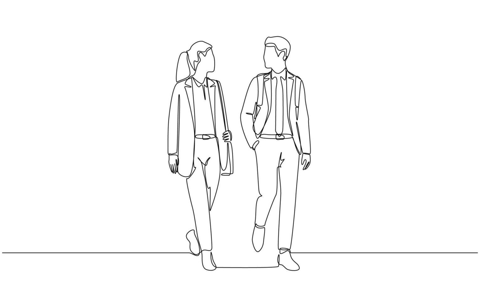 Continuous one line drawing of young male and female workers walking to workplace together, employees' commute to work concept, single line art vector