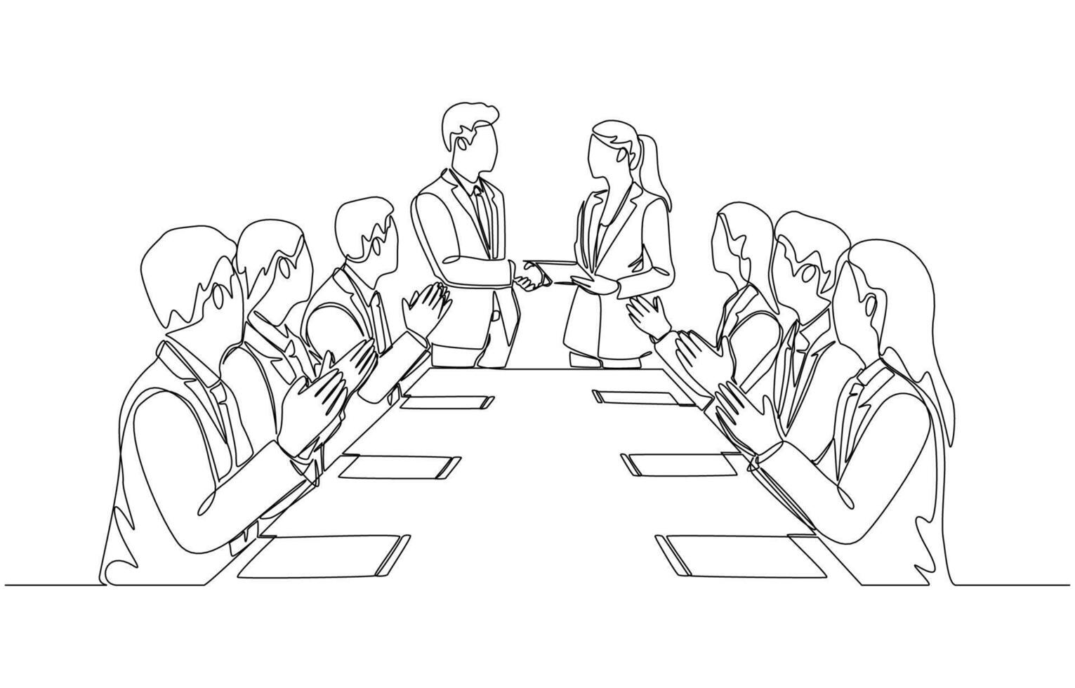 Continuous one line drawing of two business partners shaking hands while other colleagues applauding, success in signing business contract concept, single line art vector