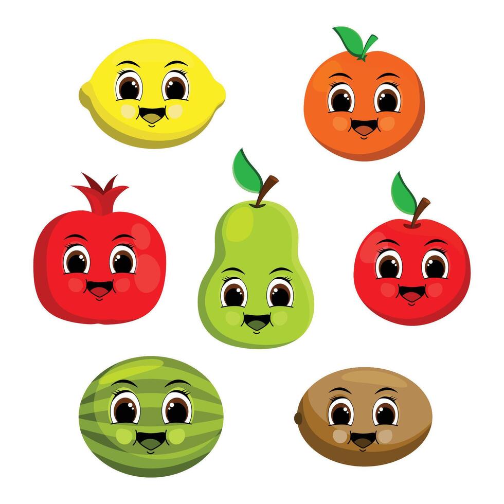 illustration of a set of cute groove fruits with a funny face. vector