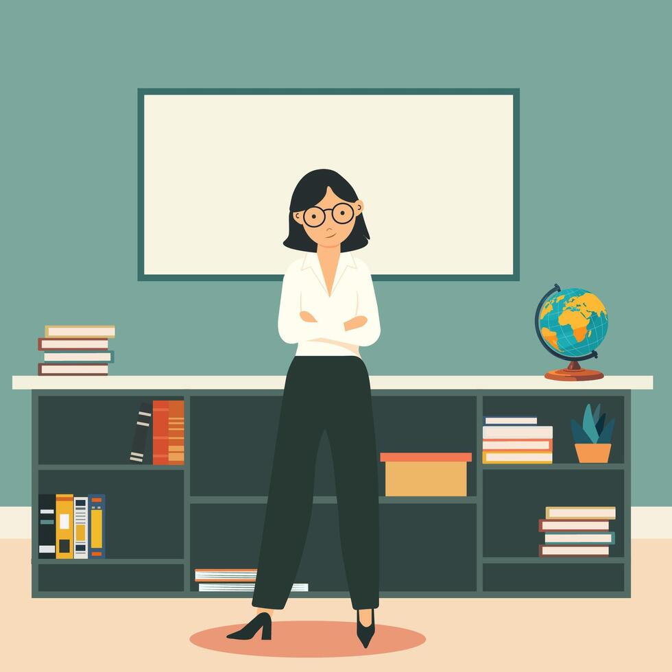 Teacher in classroom. School and learning concept, teacher s day. vector