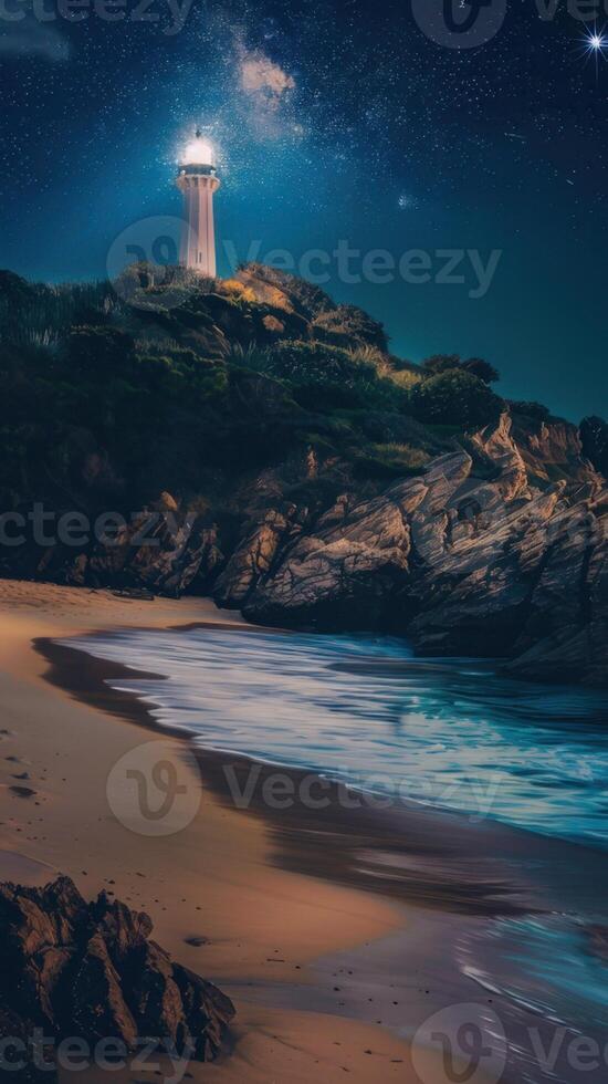 A vertical shot of a lighthouse on the beach under the starry sky photo