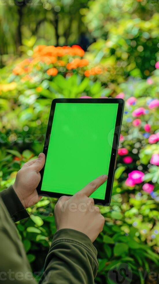 Green screen tablet computer in the green garden with blurred flower background. photo