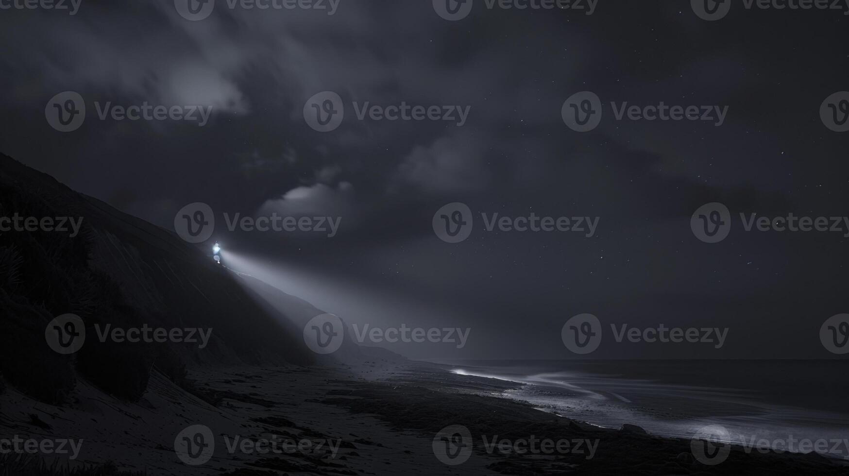 Fantasy landscape of a lonely man standing on the beach at night photo