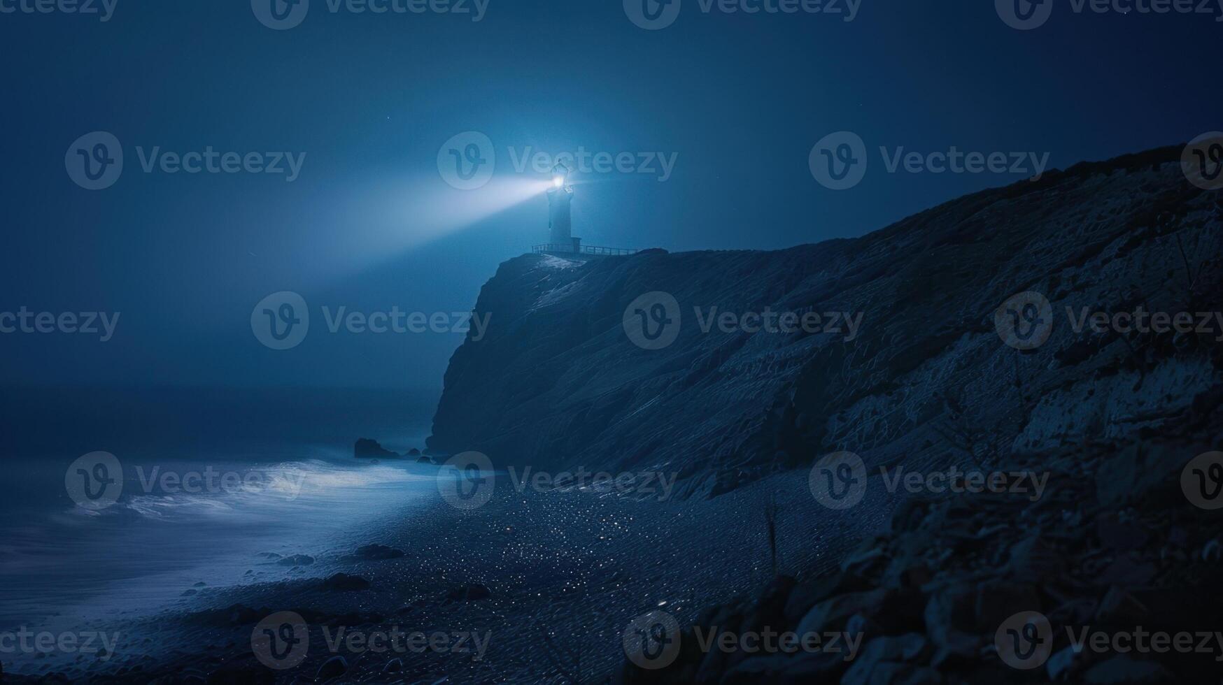 Lighthouse on the coast of the Atlantic Ocean at night, Portugal photo
