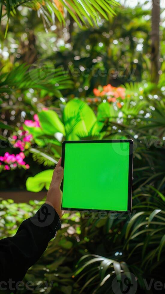 Tablet with green screen in hand on blurred background of tropical garden photo