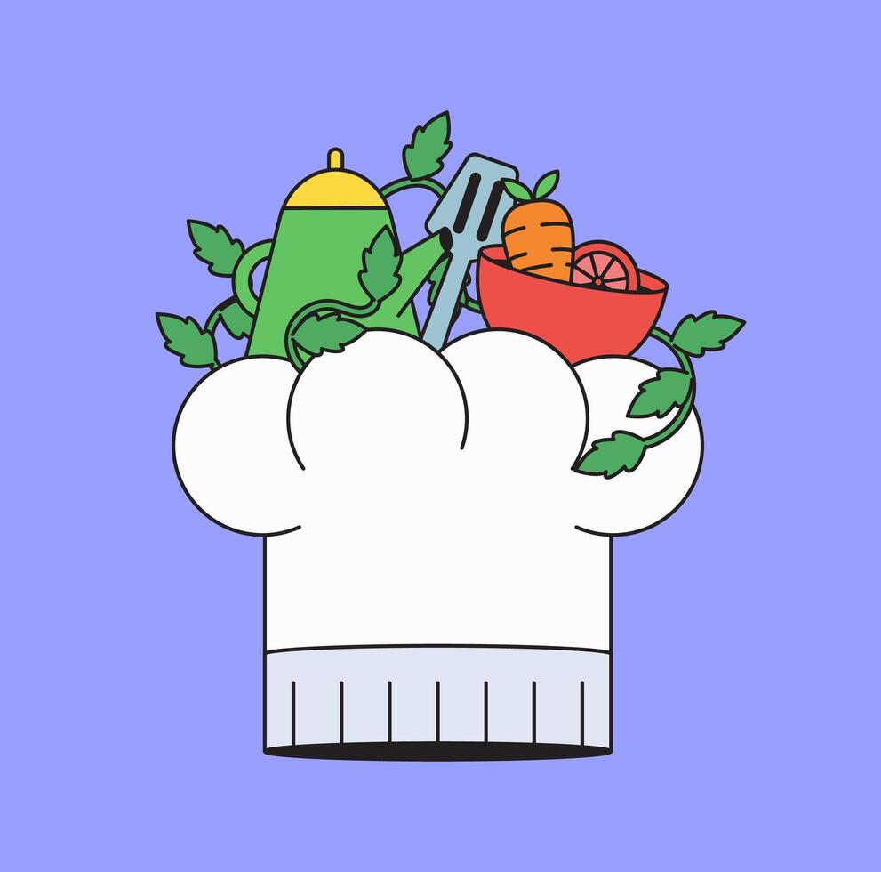 Chef hat overflowing with kitchen tools and vegetables vector