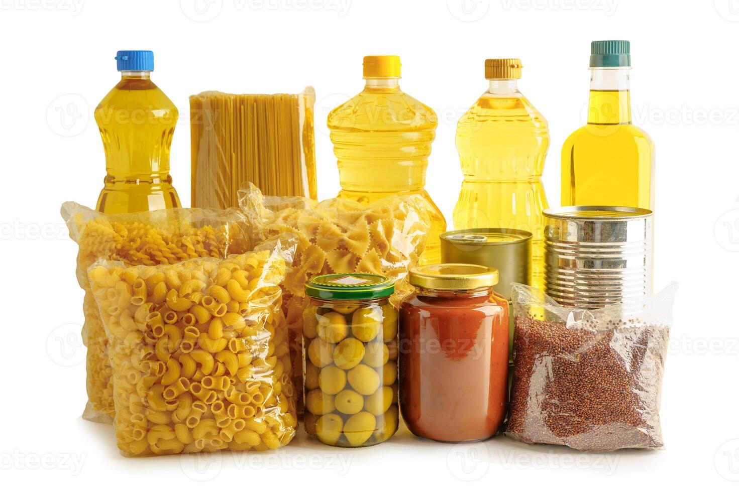 Foodstuffs in donation box isolated on white background for volunteer to help people. photo