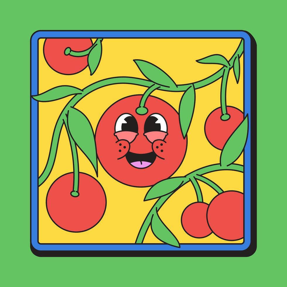 Tomato cartoon character tomato framed by leaf and vines vector