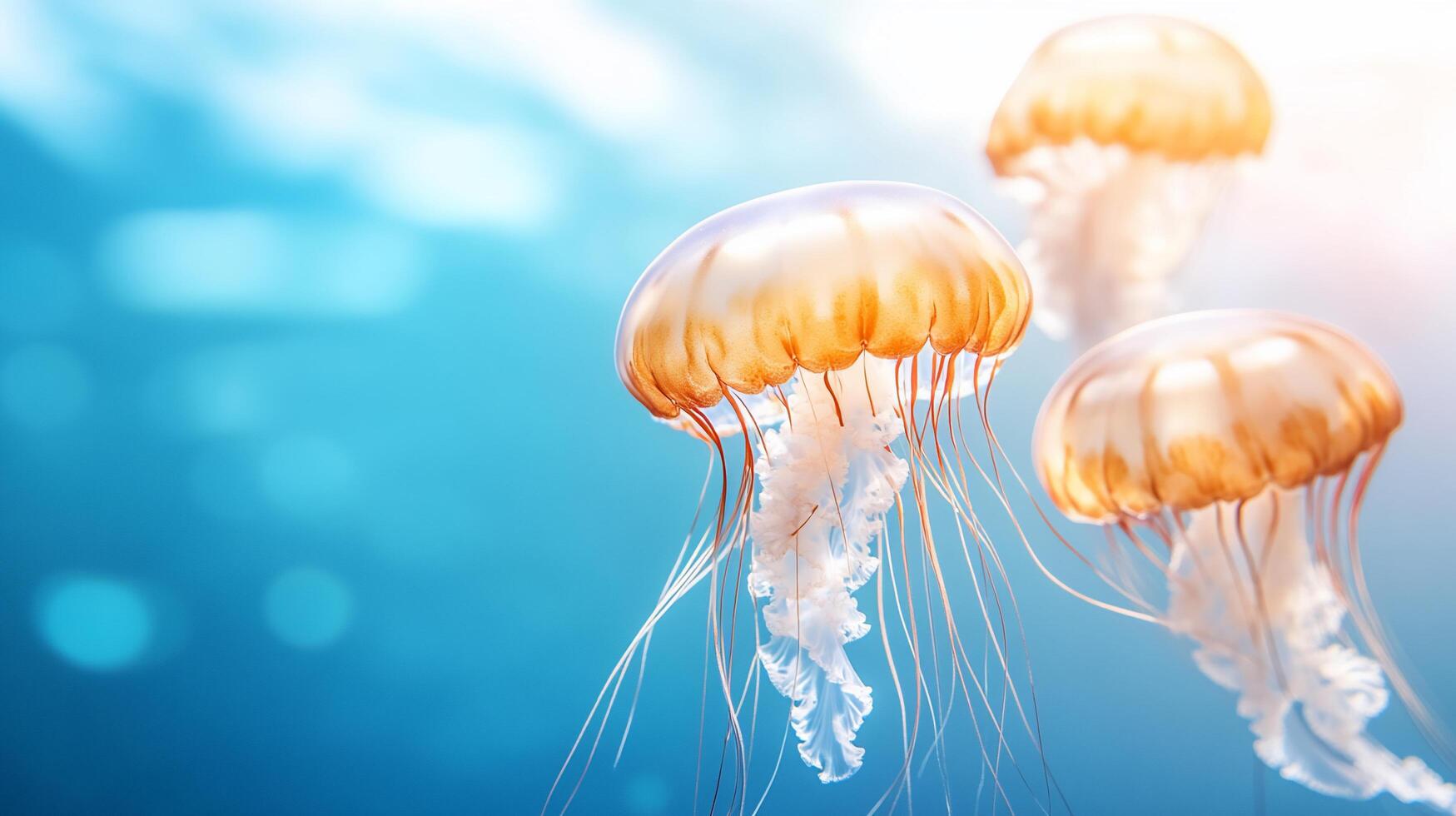 Three jellyfish gracefully swimming in a serene underwater scene. photo