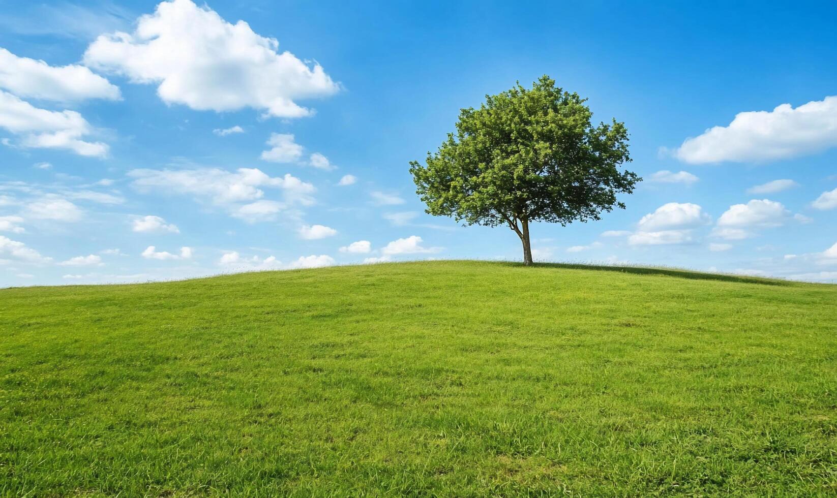 A solitary tree on a grassy hill under a blue sky with clouds. photo