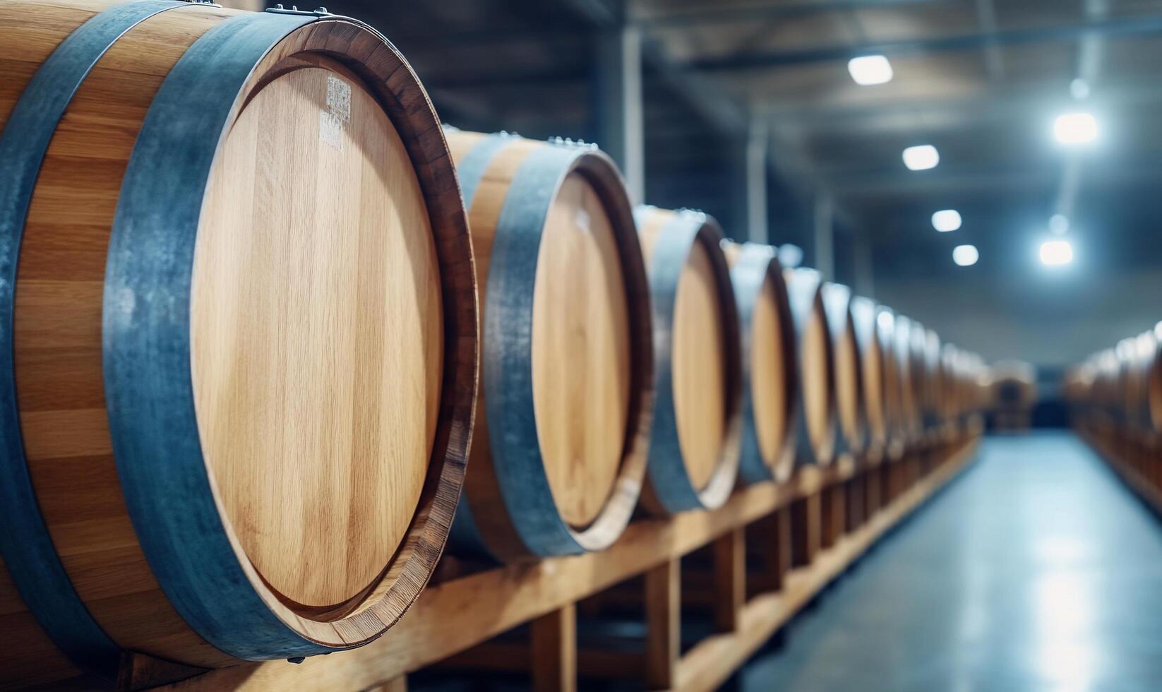 A row of wooden barrels in a storage facility for aging beverages. photo