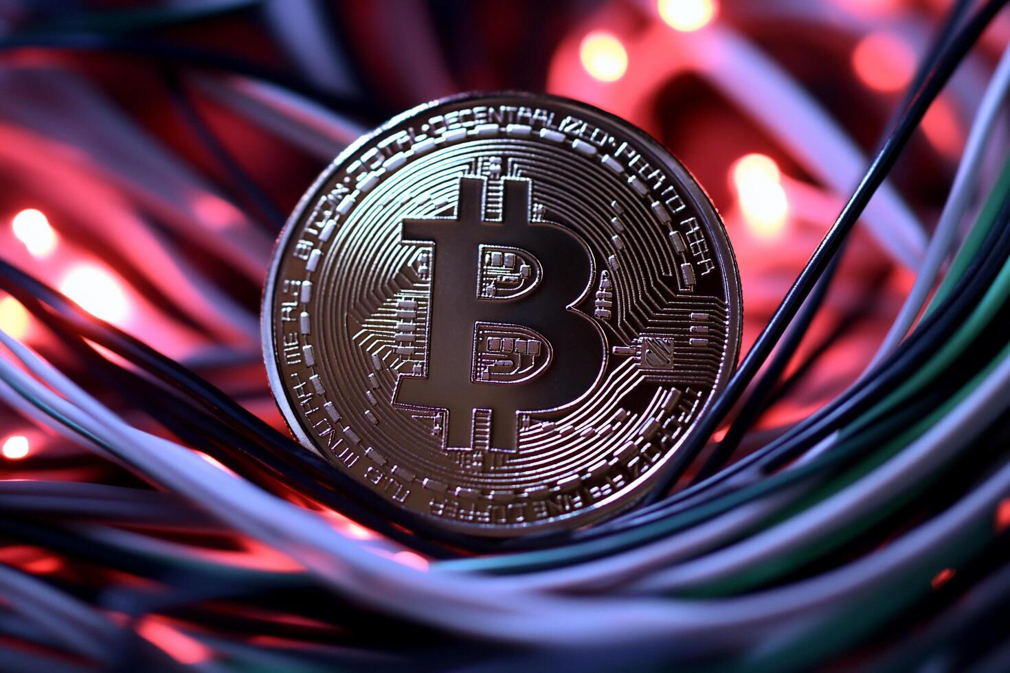 A Bitcoin coin surrounded by colorful wires, symbolizing cryptocurrency. photo