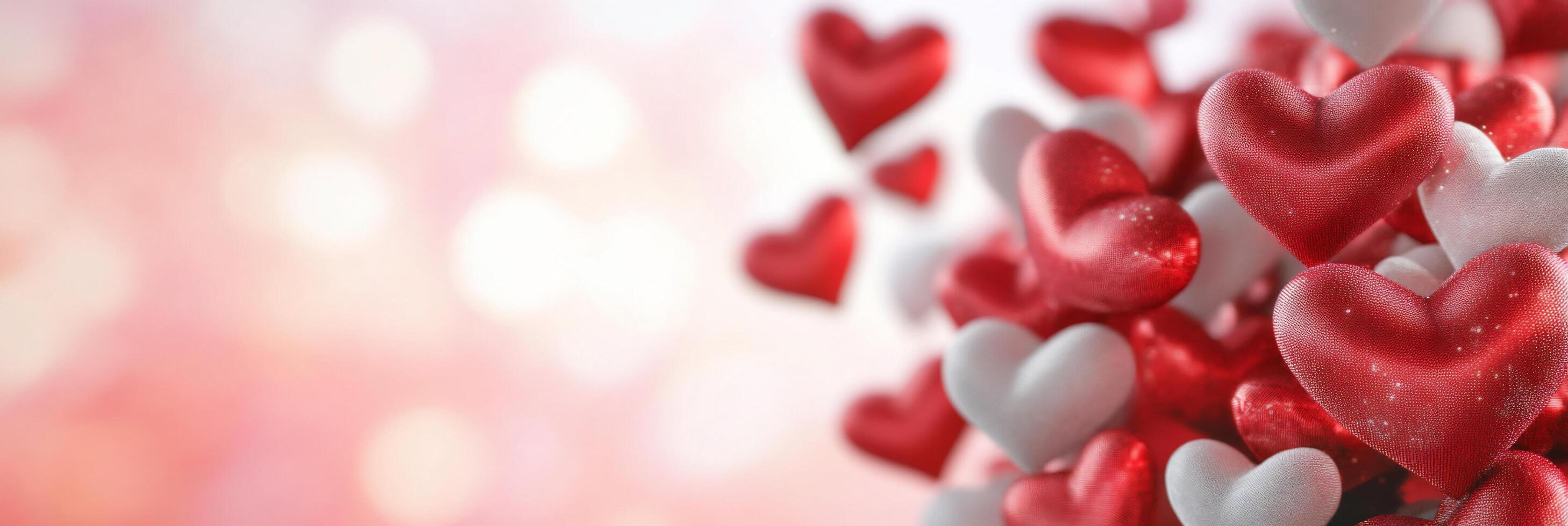 A collection of red and white hearts on a soft, blurred background. photo