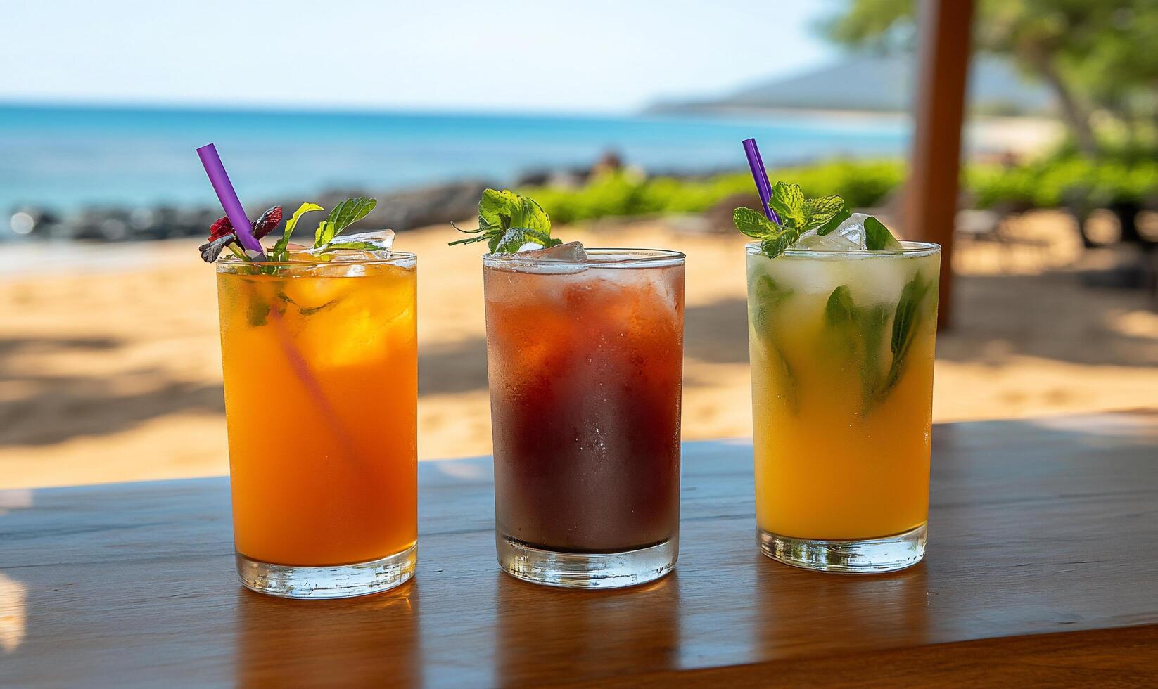 Three colorful cocktails on a beachside table with a scenic view. photo