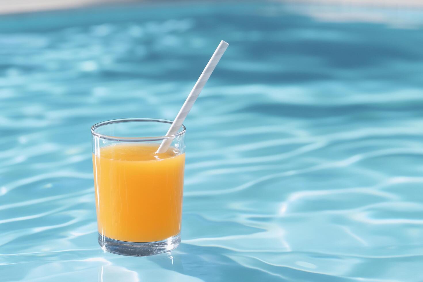 A refreshing glass of orange juice with a straw floats in a pool. photo