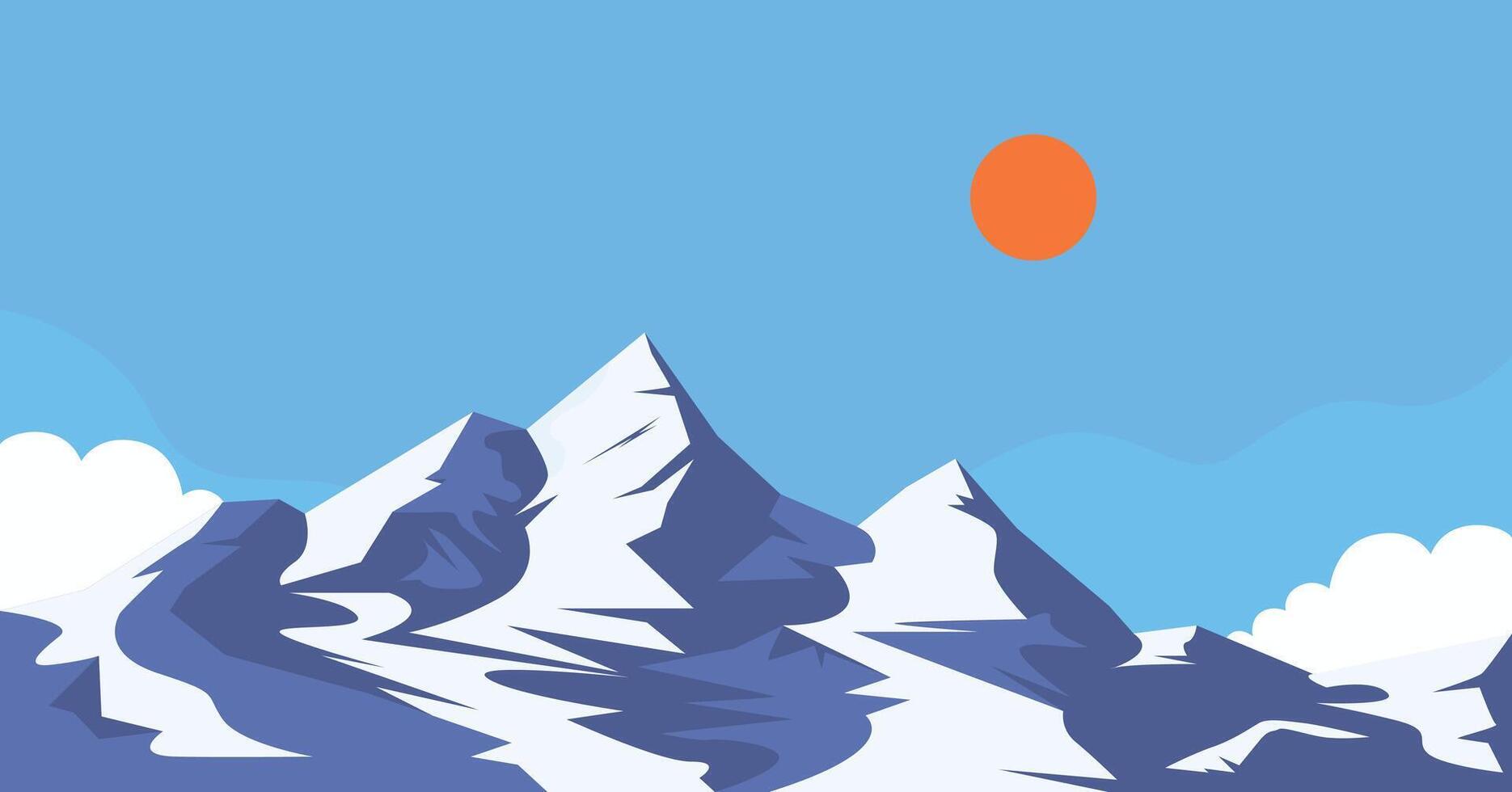 Landscape snowy mountain range with red sun, mountain peak background vector