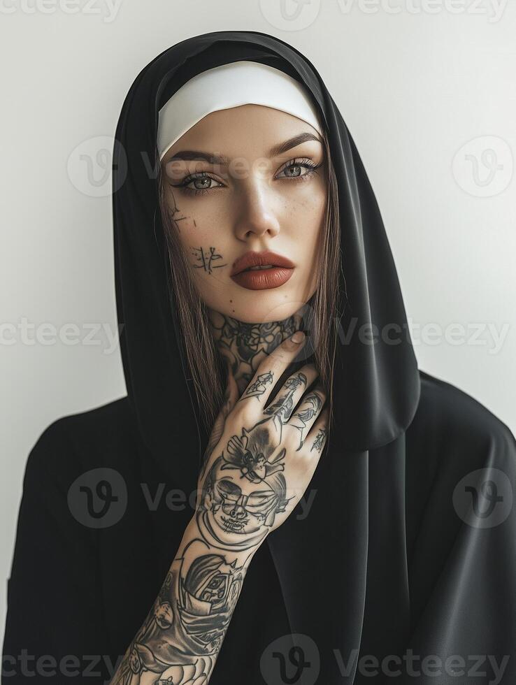 nun in a dark cape with a sad yet glamorous expression photo