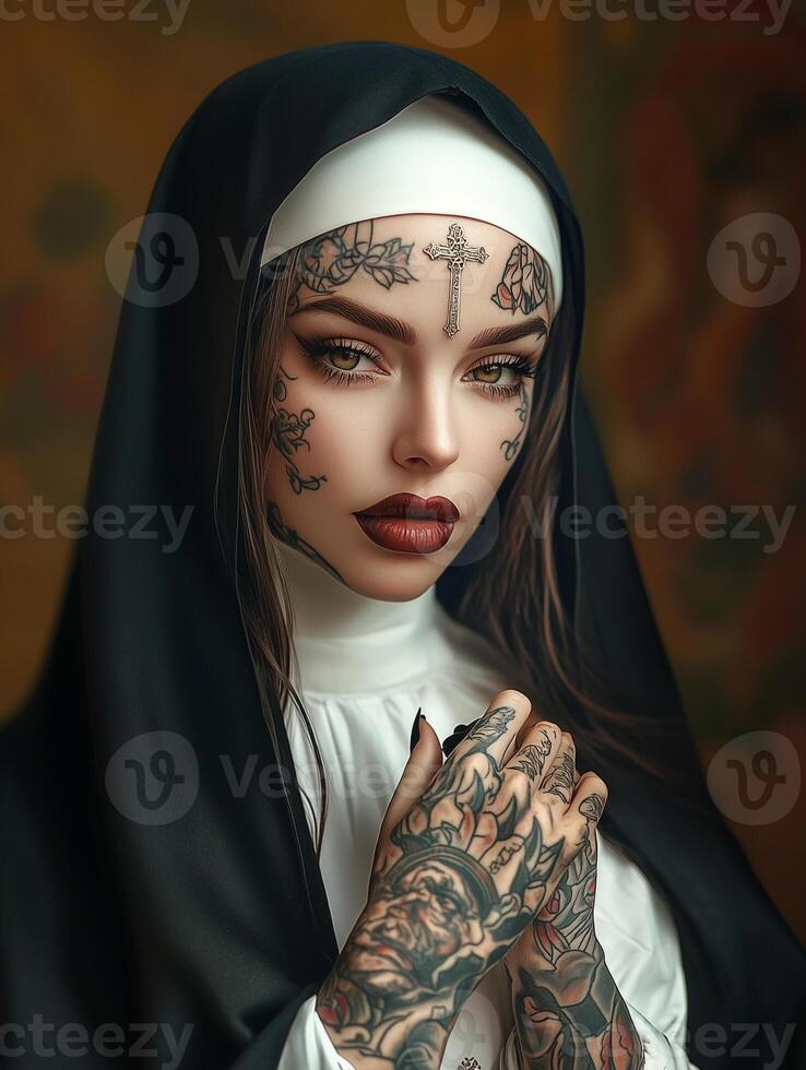 nun in a dark cape with a sad yet glamorous expression in a studio photo
