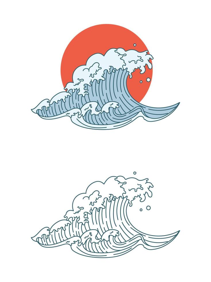 Japanese wave with red sun, wave logo, hand drawn japanese oriental style vector