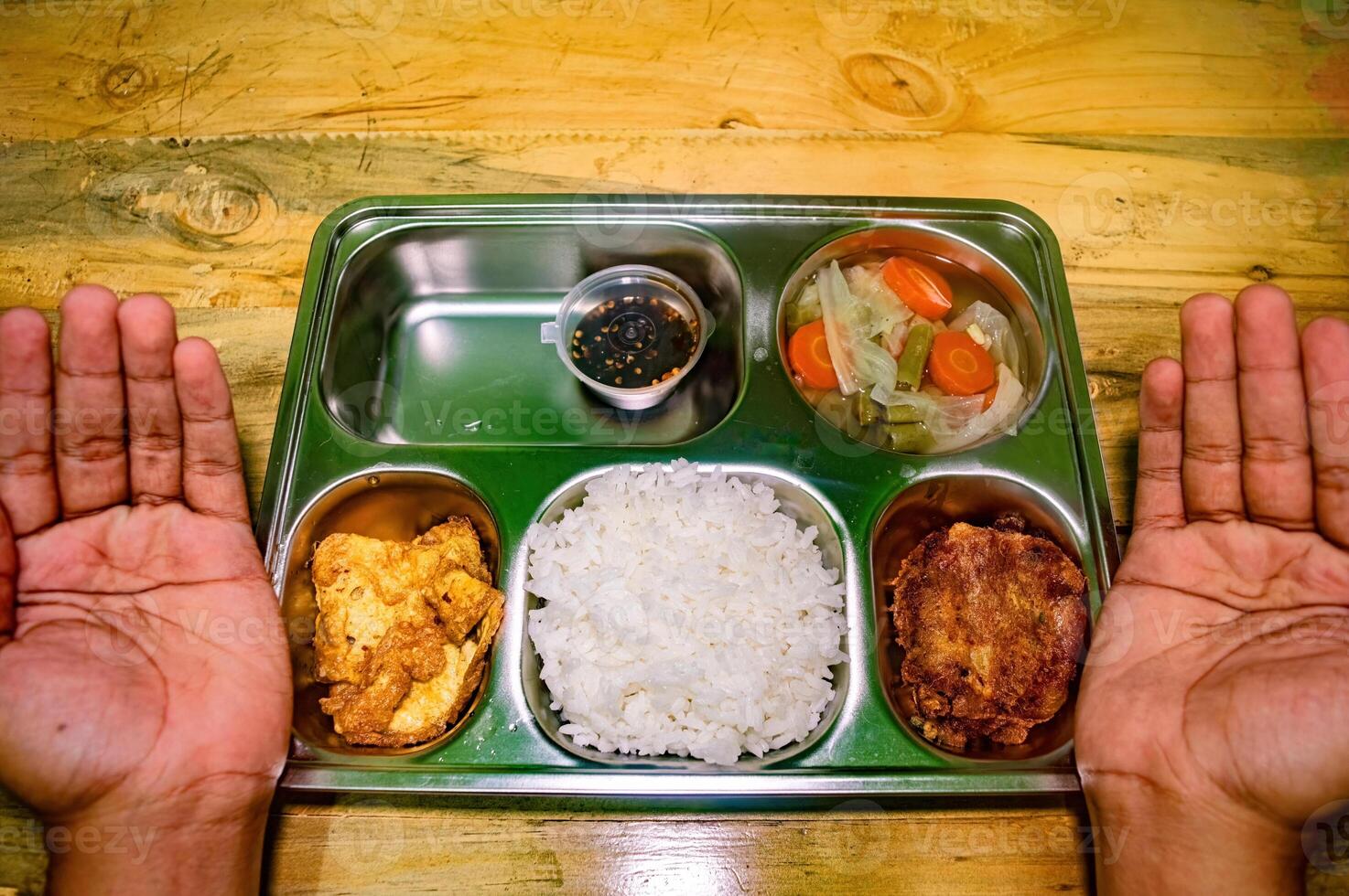 A stainless steel tray with a balanced meal including rice, fried food, vegetables, and sauce, with hands on either side, symbolizing a healthy and nutritious free lunch concept photo