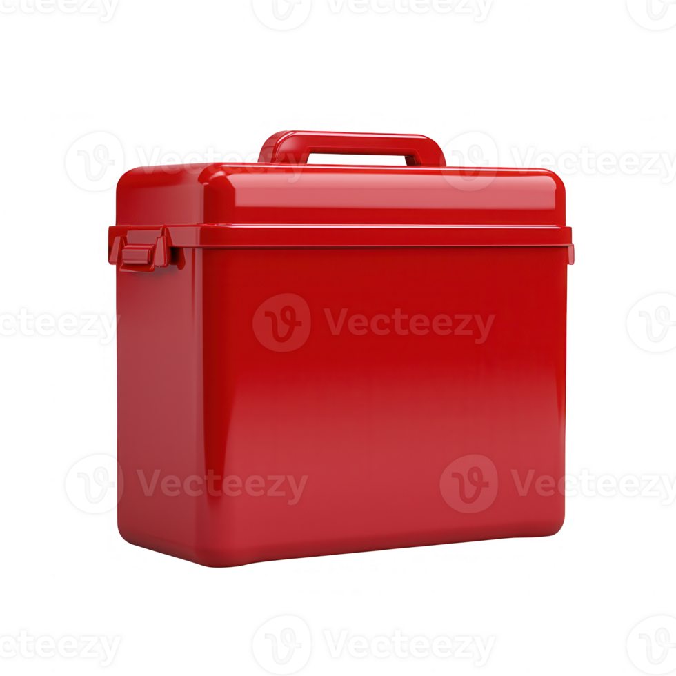 A bright red metal toolbox with a sturdy handle for carrying tools and equipment. png