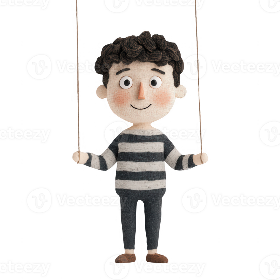 A cheerful puppet boy enjoys swinging with a playful spirit and vibrant colors. png