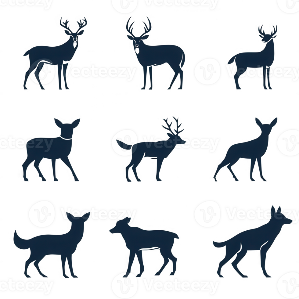A collection of stylized deer and wolf silhouettes in various poses and arrangements. png