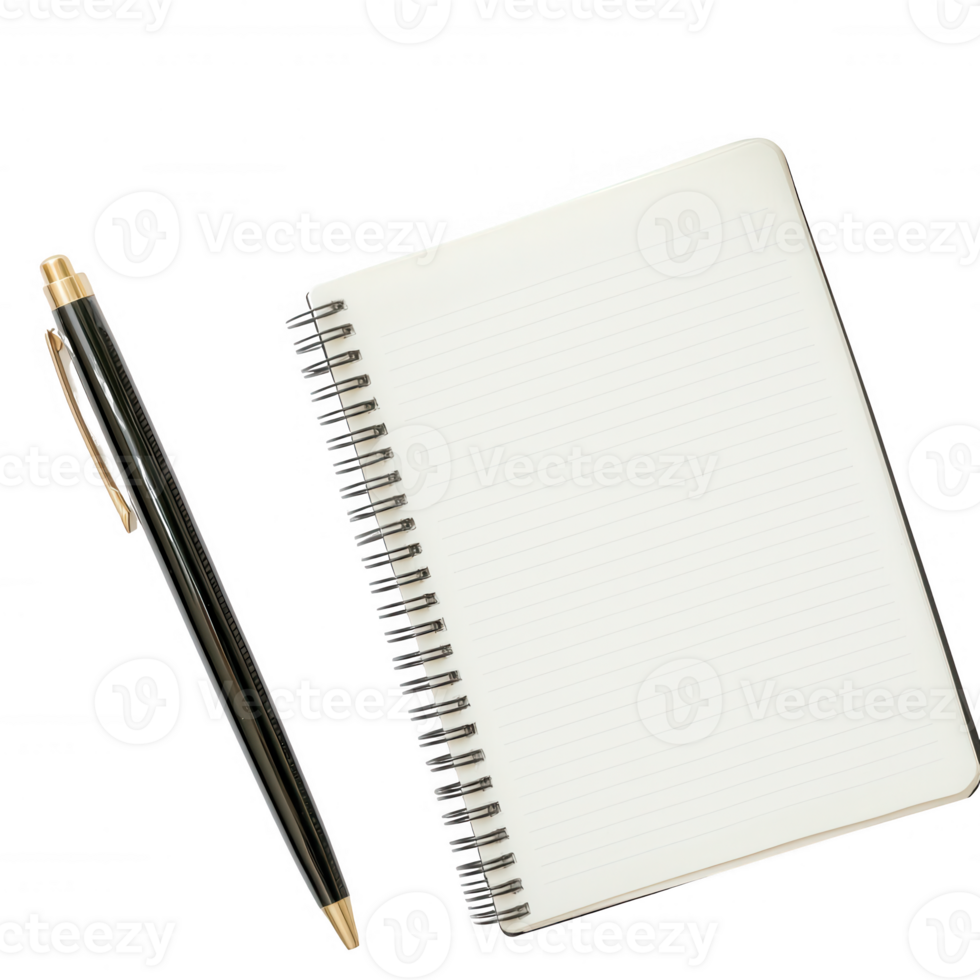 A blank spiral notebook and pen on a white background ready for notes or ideas. png