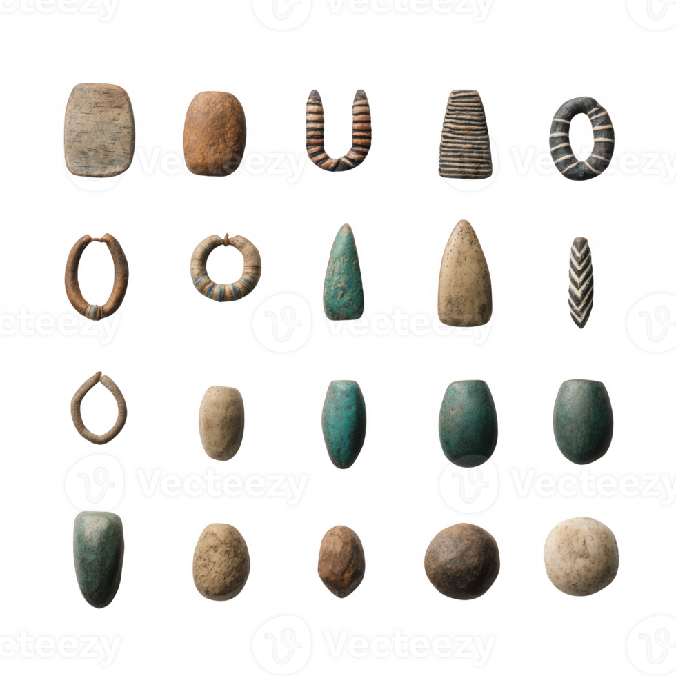 A collection of ancient artifacts showcasing unique designs and diverse materials. png