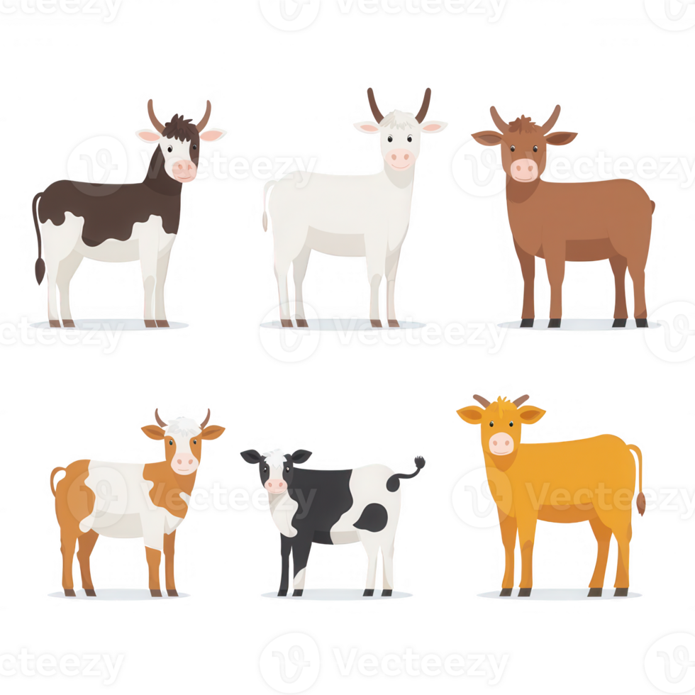 A collection of cute cows showcasing diverse breeds in a playful cartoon style. png