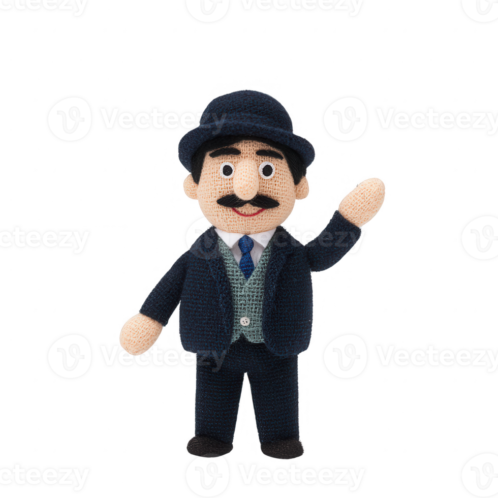 A charming puppet character in formal attire, showcasing a friendly wave gesture. png