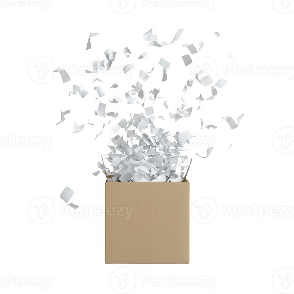 A cardboard box bursting with shredded paper, symbolizing excitement and surprise. png