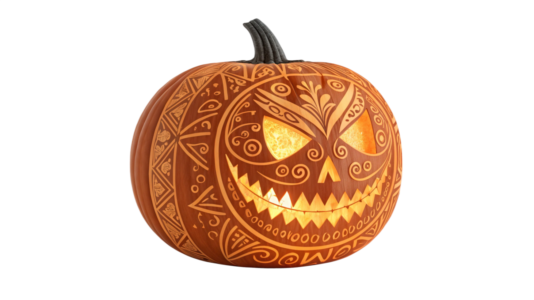 Intricate Carved Halloween Pumpkin, Illuminated Jackolantern Design png