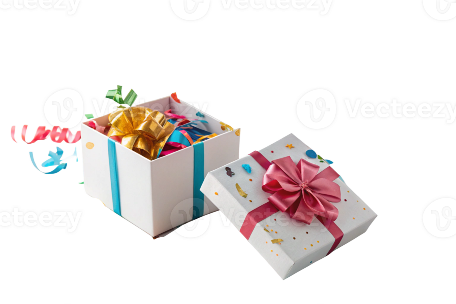 Celebration Presents Festive Gift Boxes with Bows and Confetti png