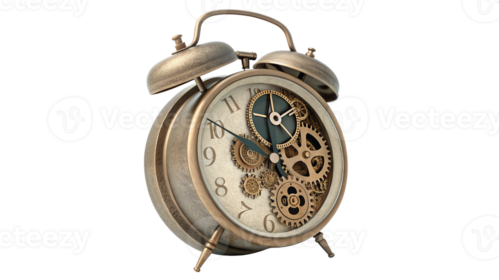 Vintage Alarm Clock Gears Time Mechanism Antique Bronze Metal png